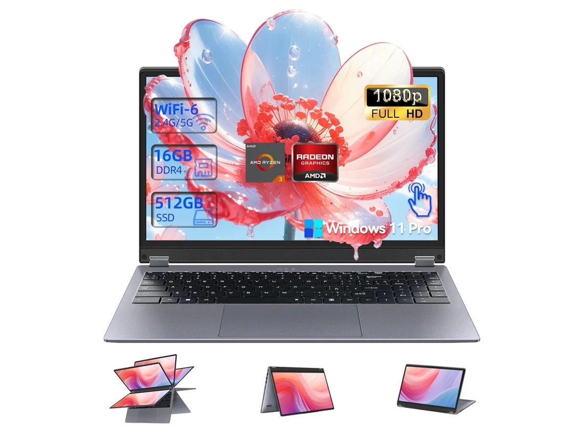 774716e0a73d2bbabec50844737b7729489bb3d2 Portátil Vanwin 2 en 1 de 15,6" con 16 GB de RAM y SSD de 512 GB, AMD Ryzen™ Tipo C, USB 2.02, USB 3.21, HDMI, RJ45, 3 3200u, 11 Pro (hasta 2,6 GHz) - Imagen 1